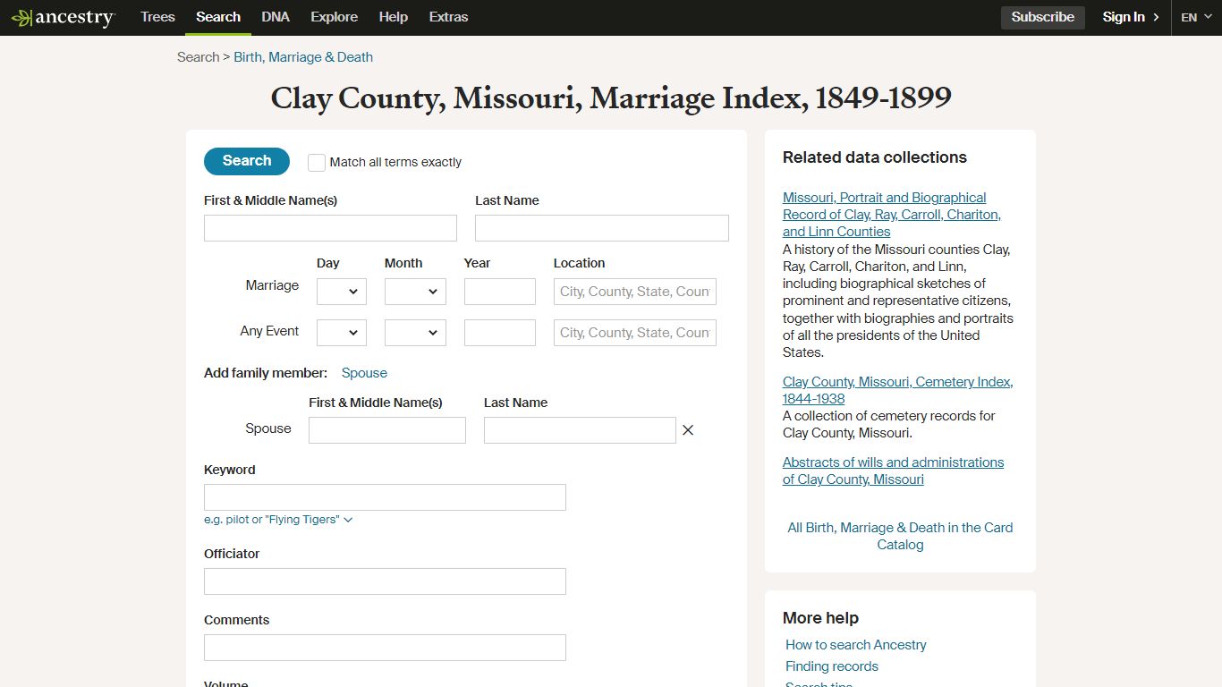 Clay County, Missouri, Marriage Index, 1849-1899