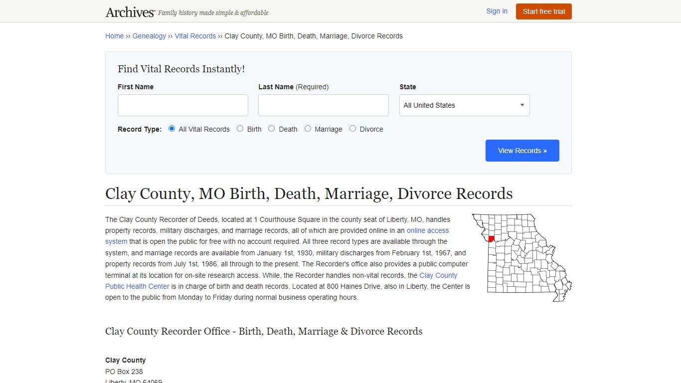 Clay County, MO Birth, Death, Marriage, Divorce Records